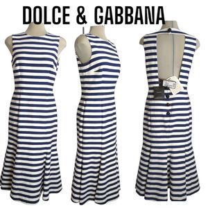 *New*DOLCE & GABBANA Striped Blue & White Open Black Flare Dress Italian Size 44